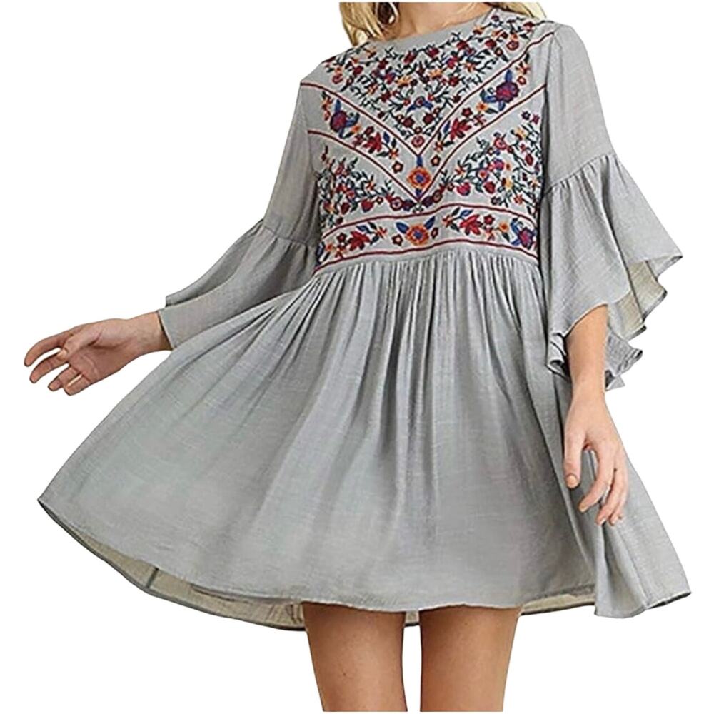 UMGEE Women’s Boho Gray Floral Embroidered Bell Sleeve Mini Dress